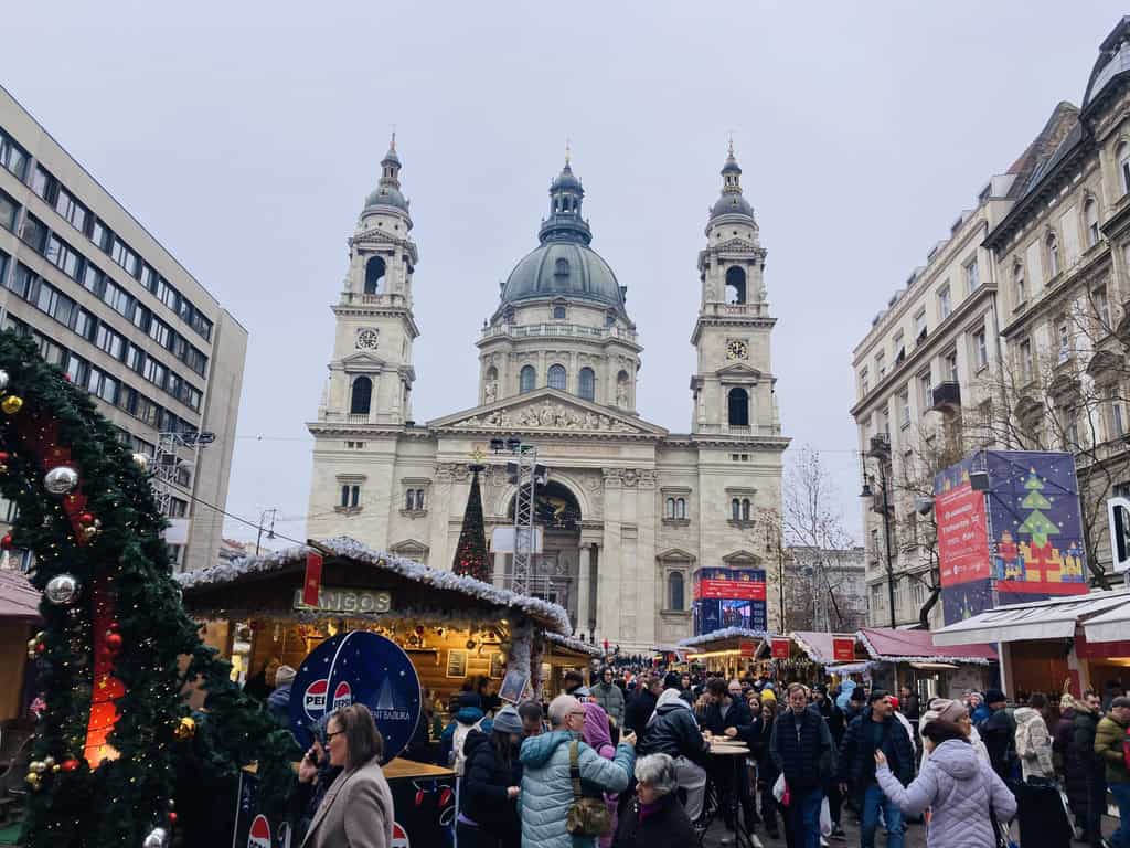 The Basilica Christmas Market in Budapest, Hungary.