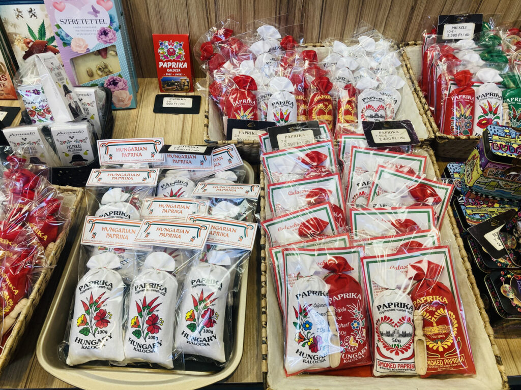 Paprika spice powder in small packages at the Central Market Hall in Budapest, Hungary.