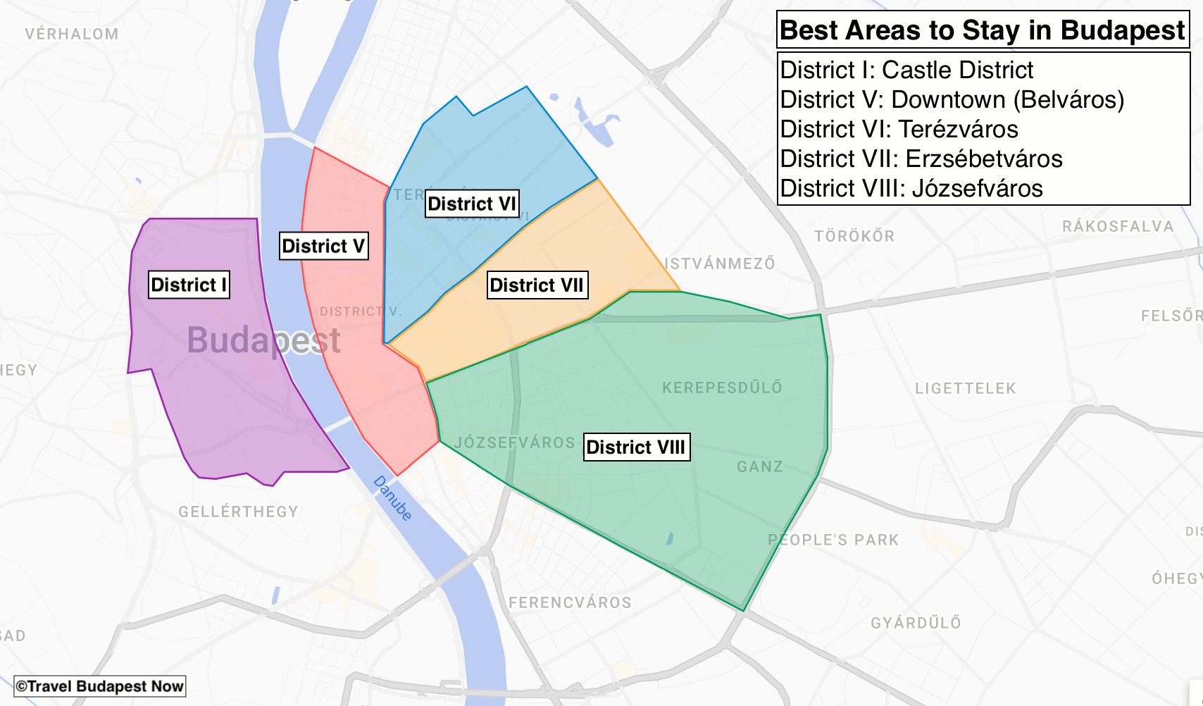 Map on where to stay in Budapest for first-time visitors.