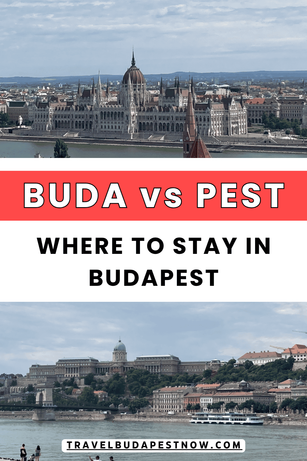 Pinterest Pin design for a post on Buda vs Pest, which side is better to stay in Budapest.