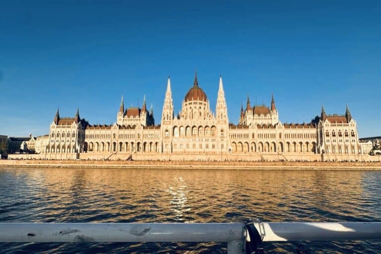 The Hungarian Parliament on a river cruise in Budapest, Hungary.