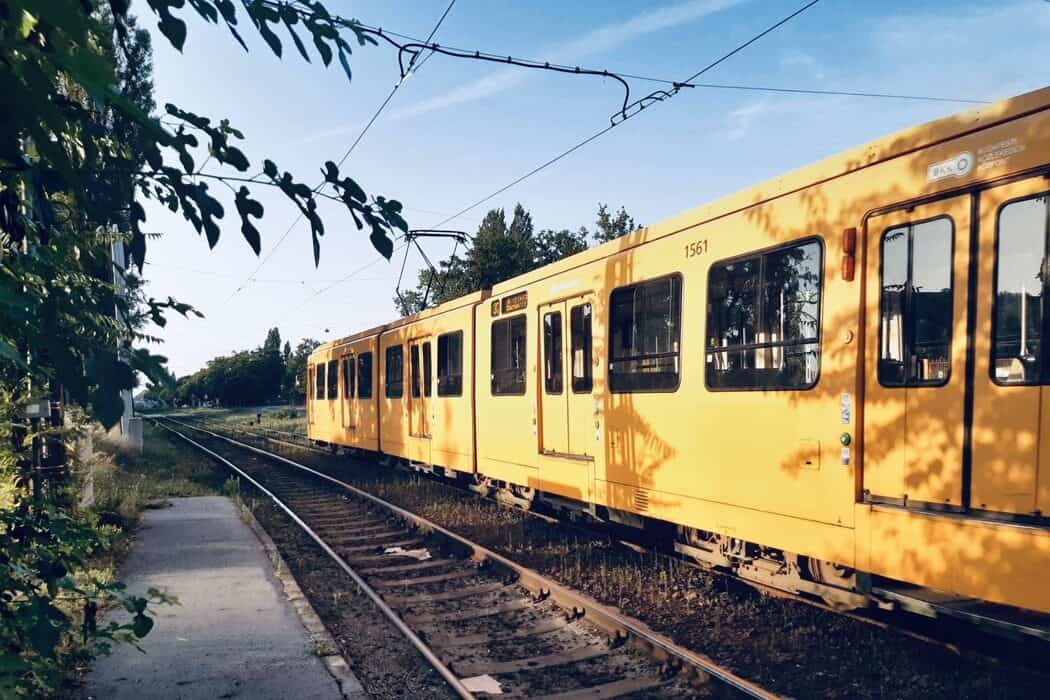 A yellow tram in Budapest, Hungary.