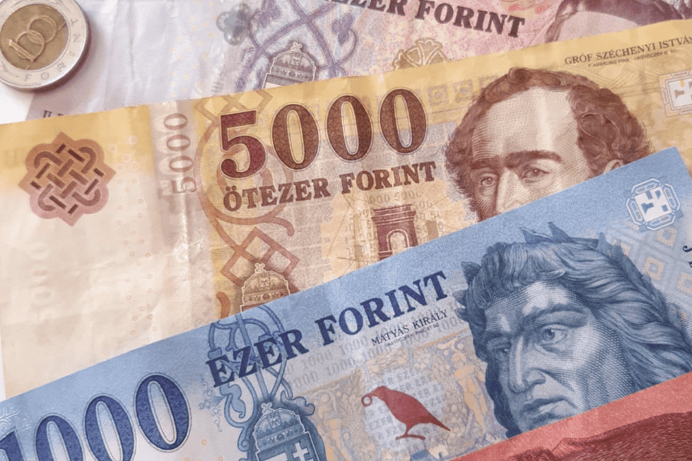 Hungarian banknotes next to each other.
