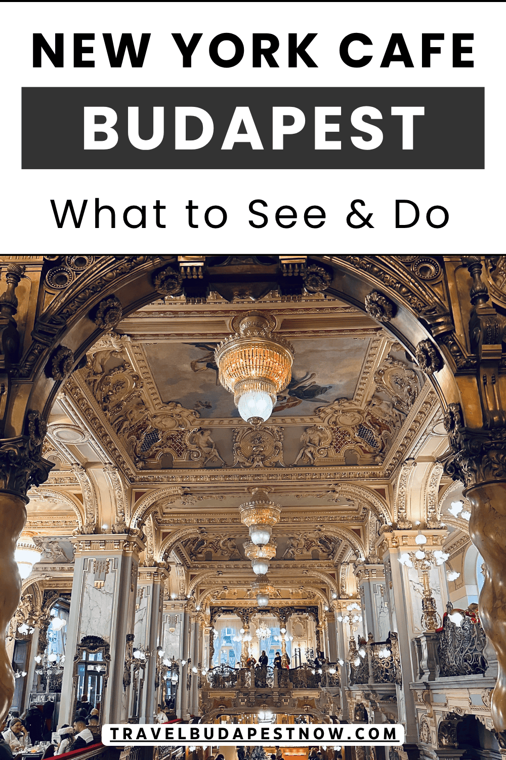 Pinterest Pin design for a post on the New York Café in Budapest, Hungary.
