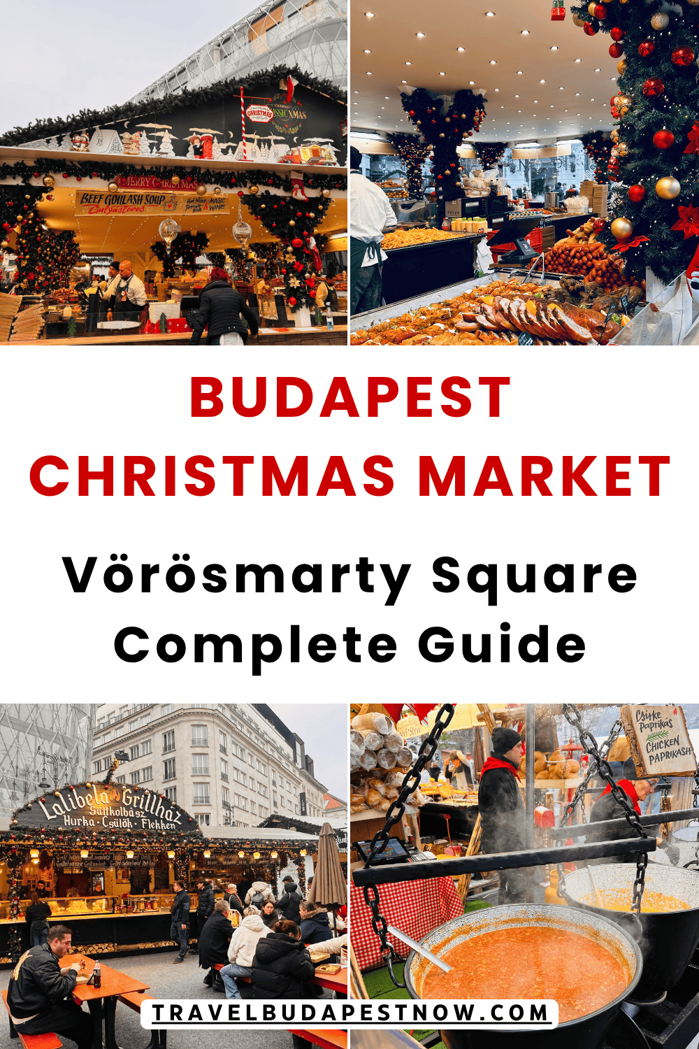 Pinterest Pin design for a post on Christmas Market at Vörösmarty Square in Budapest, Hungary.