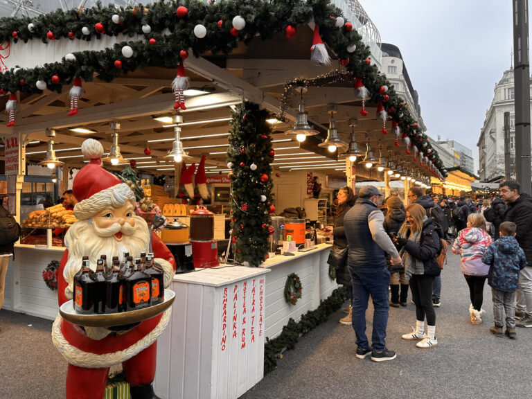 A food stall at the Vörösmarty Square Christmas Market in Budapest, Hungary.