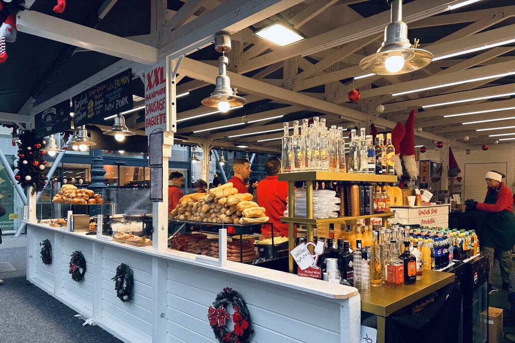 Food stall at the Christmas Market on Vorosmarty Square in Budapest, Hungary.