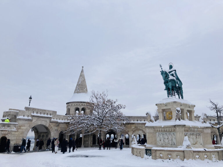 Snow at the Fisherman's Bastion in Budapest, Hungary.