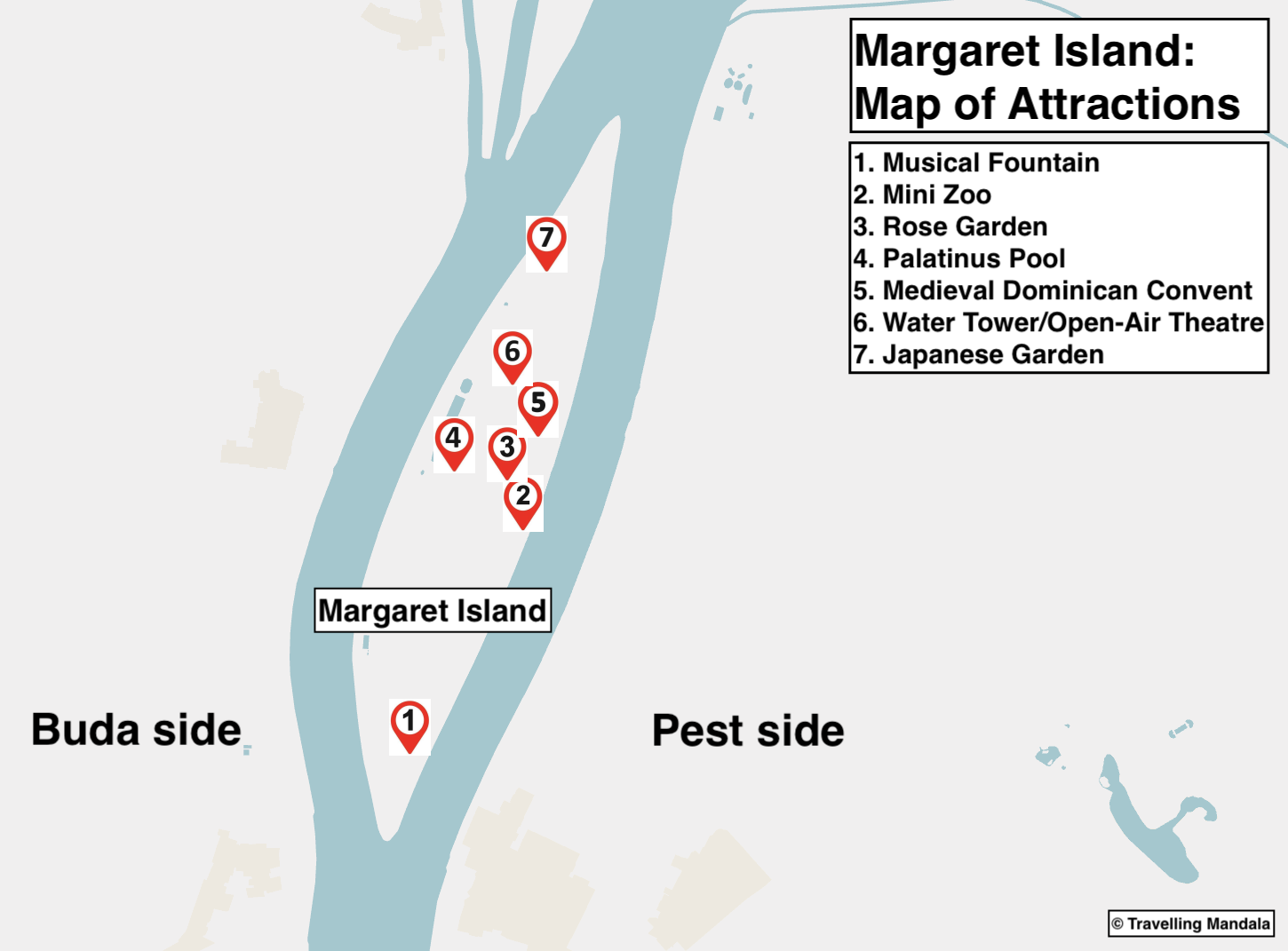 Map of best things to do on Margaret Island, Budapest.