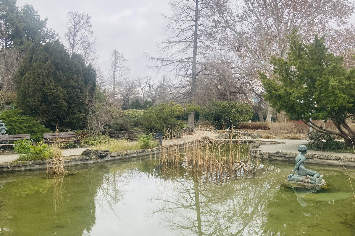 A statue in a pond in the Japanese Garden on Margaret Island, Budapest.
