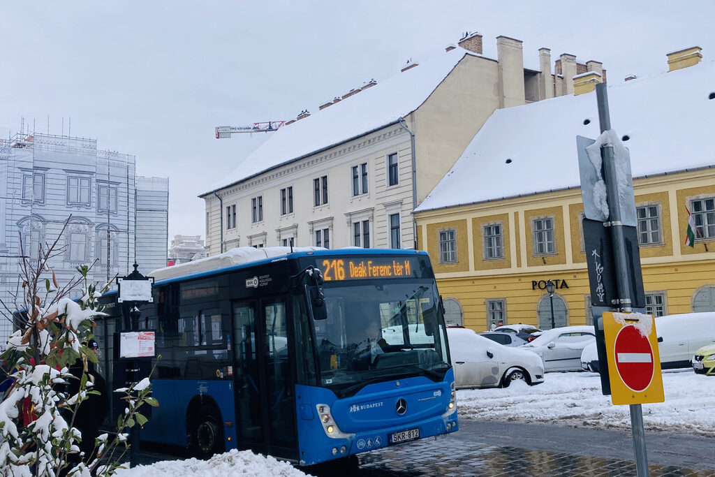 A bus in the snow in Budapest, Hungary.