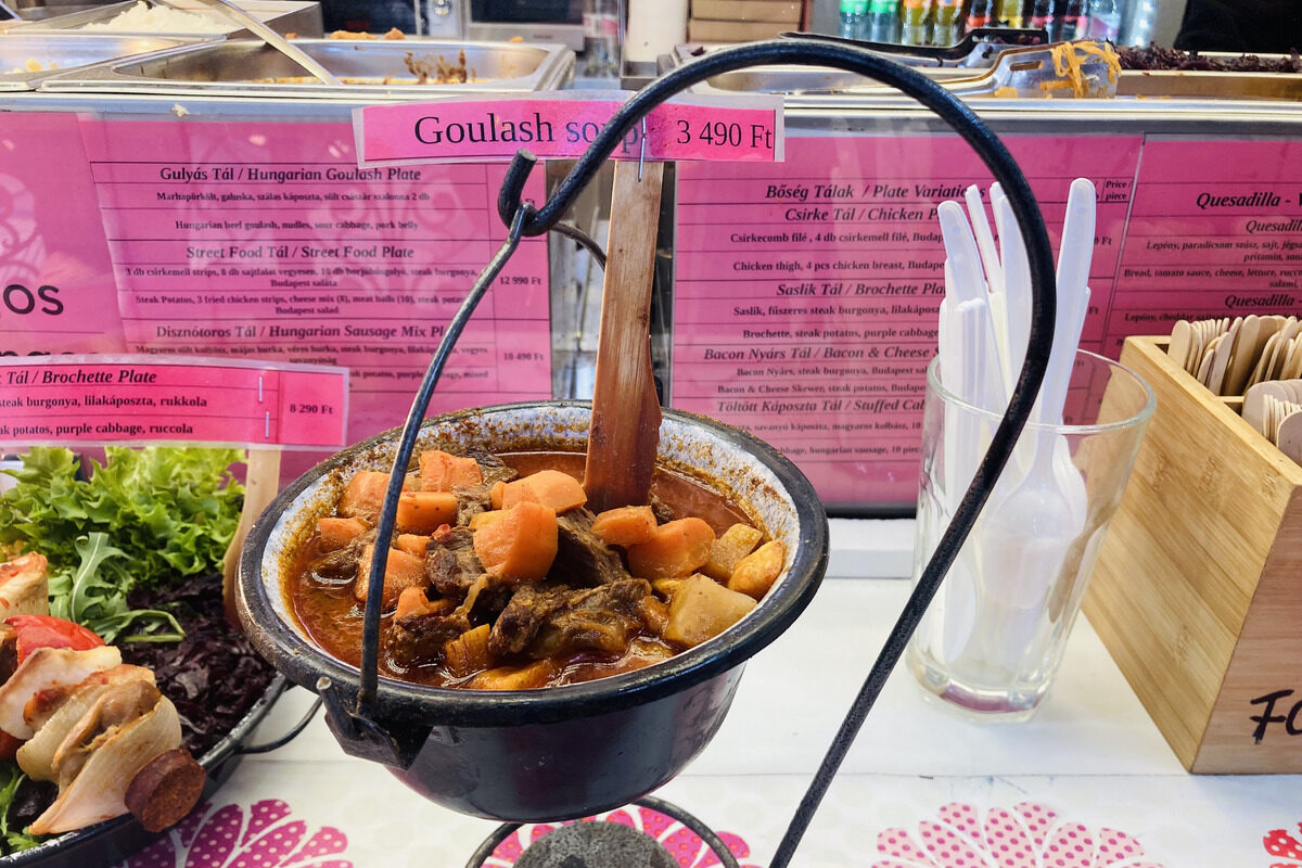 Goulash Soup in a cauldron at the Central Market Hall in Budapest, Hungary.