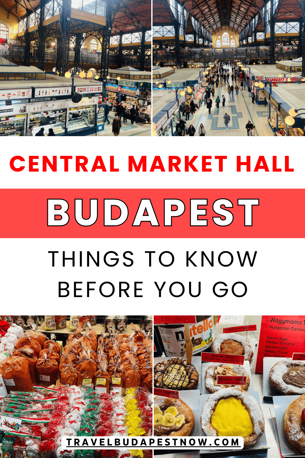Pinterest Pin design for a post on the Central Market Hall in Budapest.