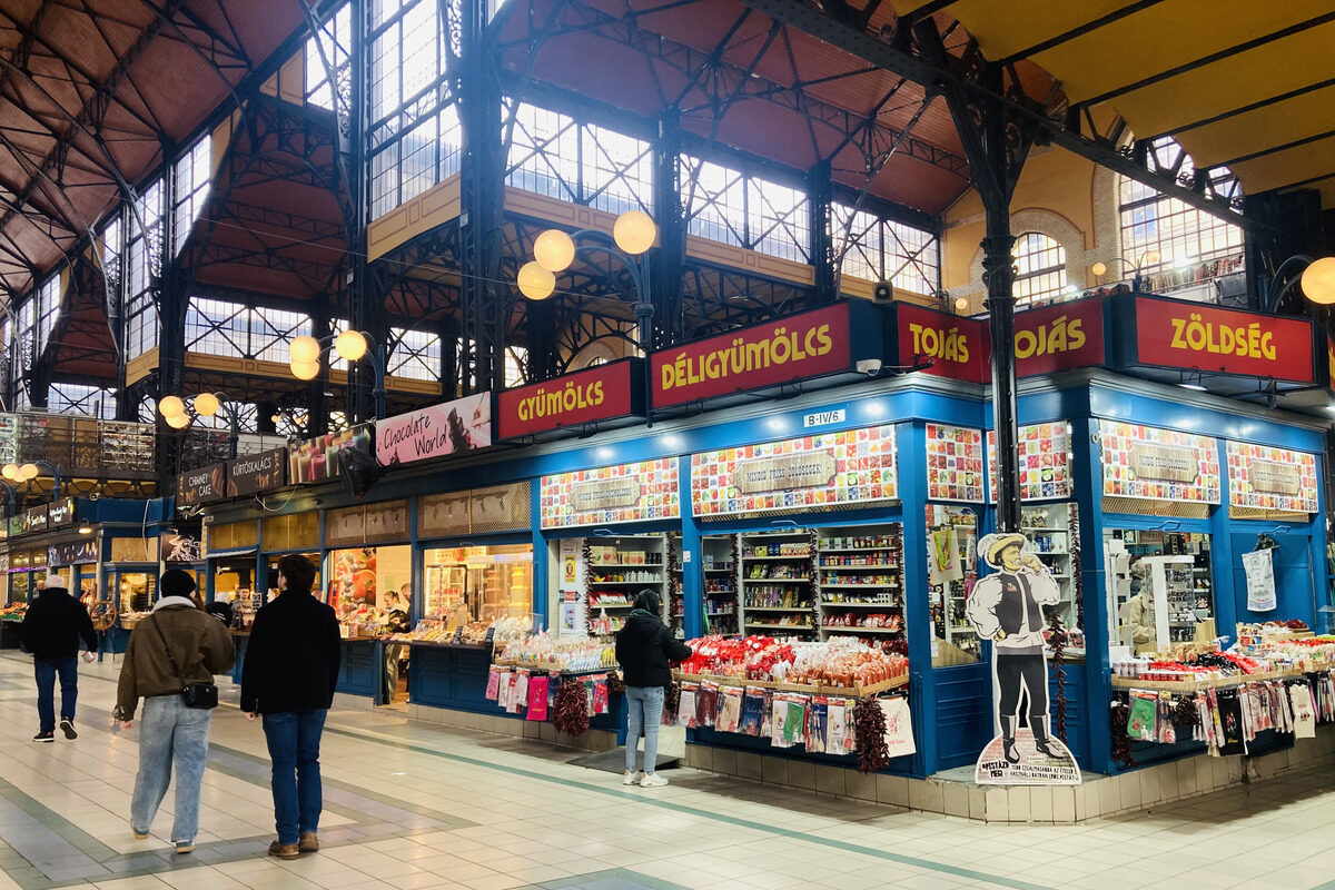 Fruit stalls at the Central Market Hall in Budapest, Hungary.