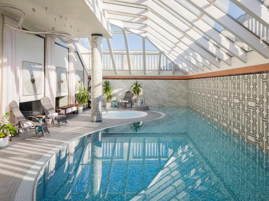 Swimming pool inside the Al Habtoor Palace Hotel in Budapest, Hungary.