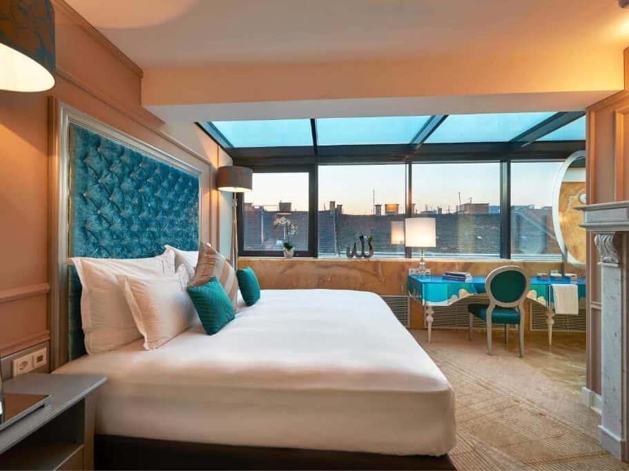 Bedroom at the Aria Hotel in Budapest.