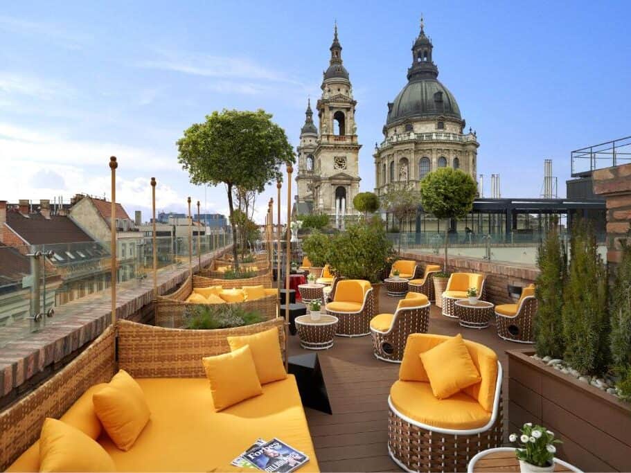The view of St. Stephen's Basilica from the Aria Hotel in Budapest, Hungary.