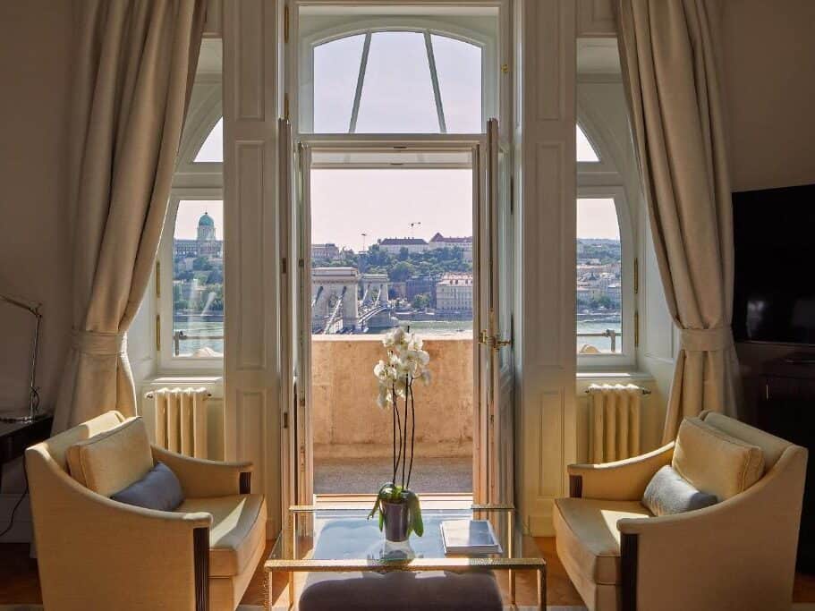 River view from the Four Seasons Hotel Gresham Palace in Budapest, Hungary.