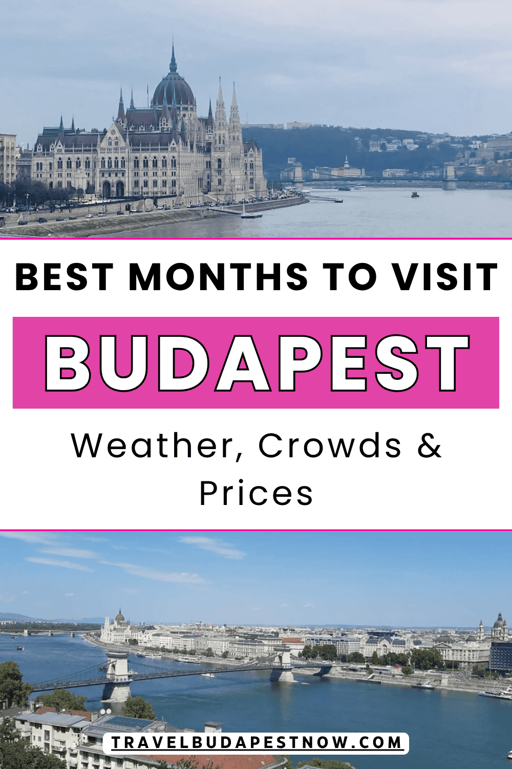 Pinterest Pin design for a post on the best and worst time to visit Budapest.