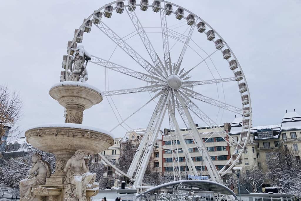The Ferris Wheel in snow in Budapest, Hungary.