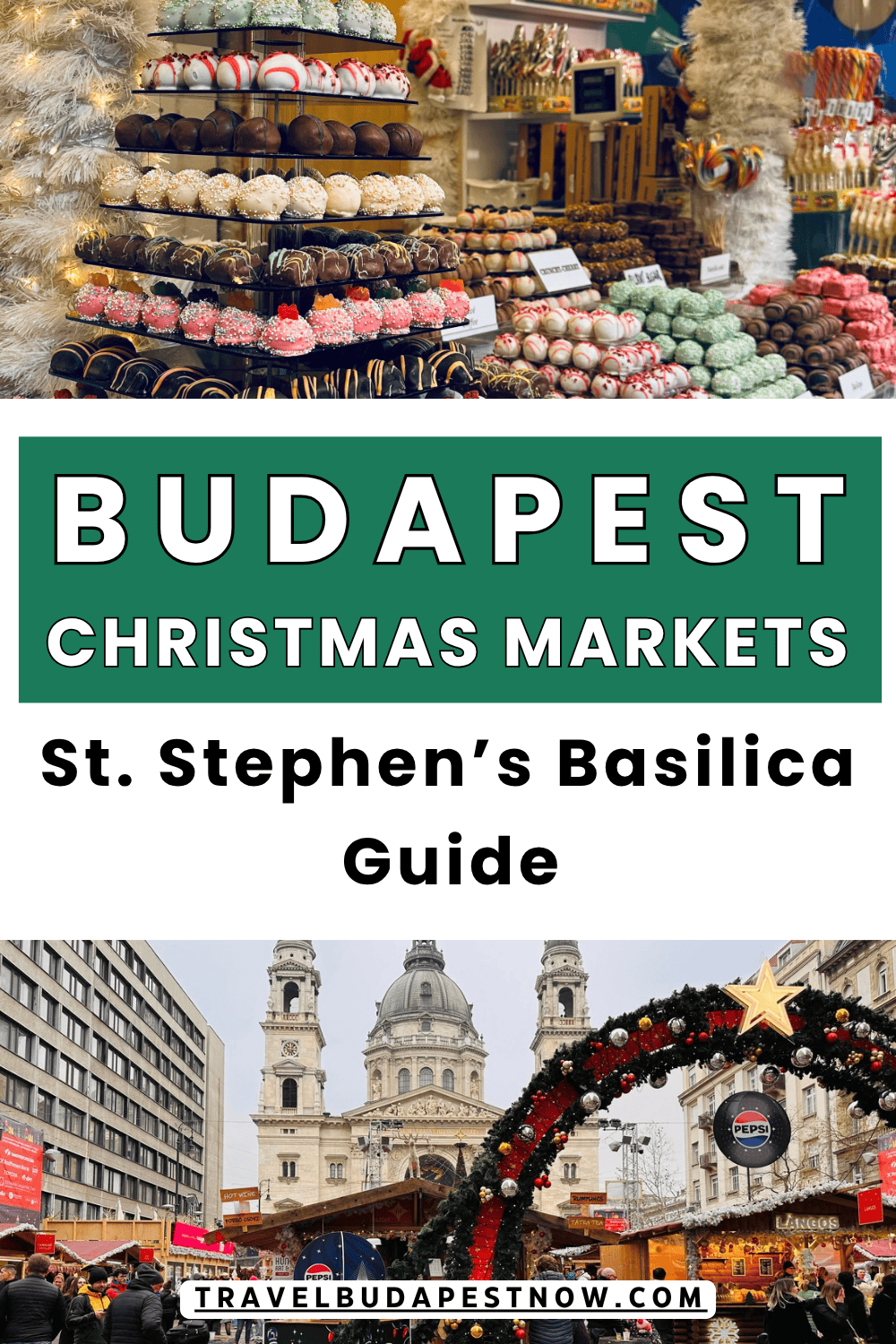 Pinterest Pin design for a post on the Christmas Market at the St. Stephen's Basilica in Budapest, Hungary.
