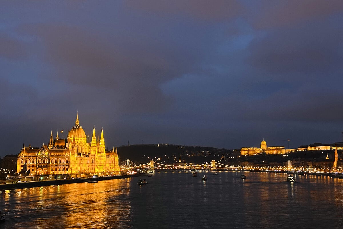Boats on the River Danube on night cruises in Budapest.