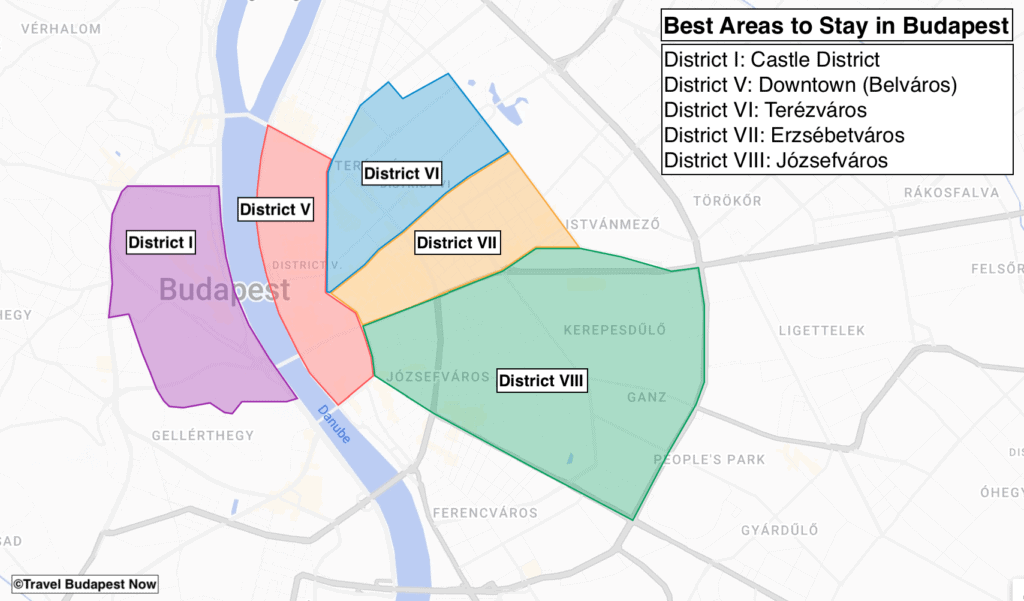 Map on where to stay in Budapest for first-time visitors.