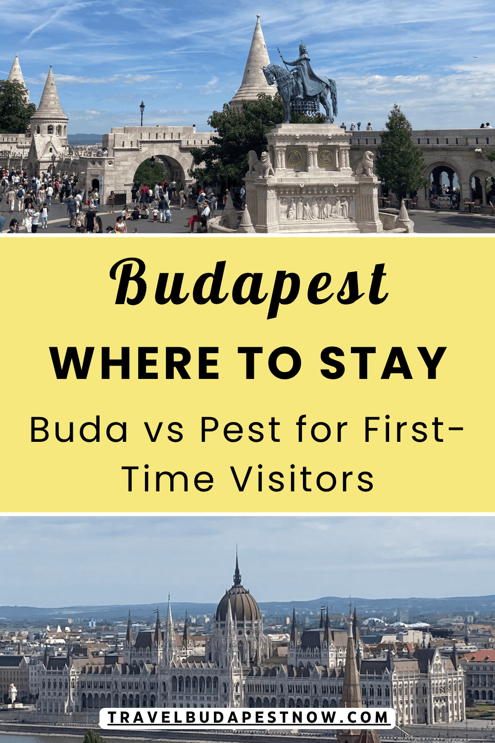 Pinterest Pin design for a post on where to stay in Budapest for first-timers: Buda or Pest.