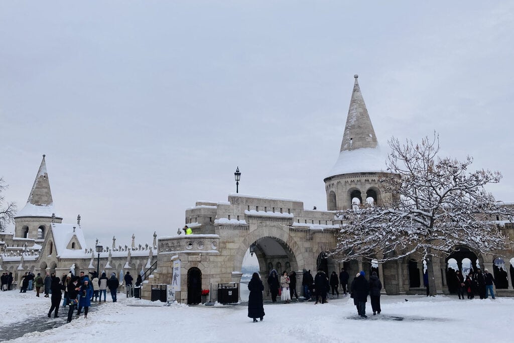 Snow at the Fisherman's Bastion in Budapest, Hungary.