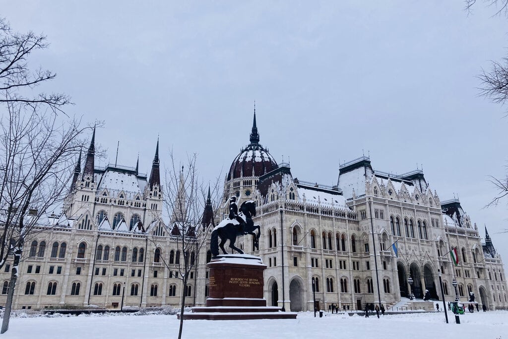The Hungarian Parliament in snow in Budapest.