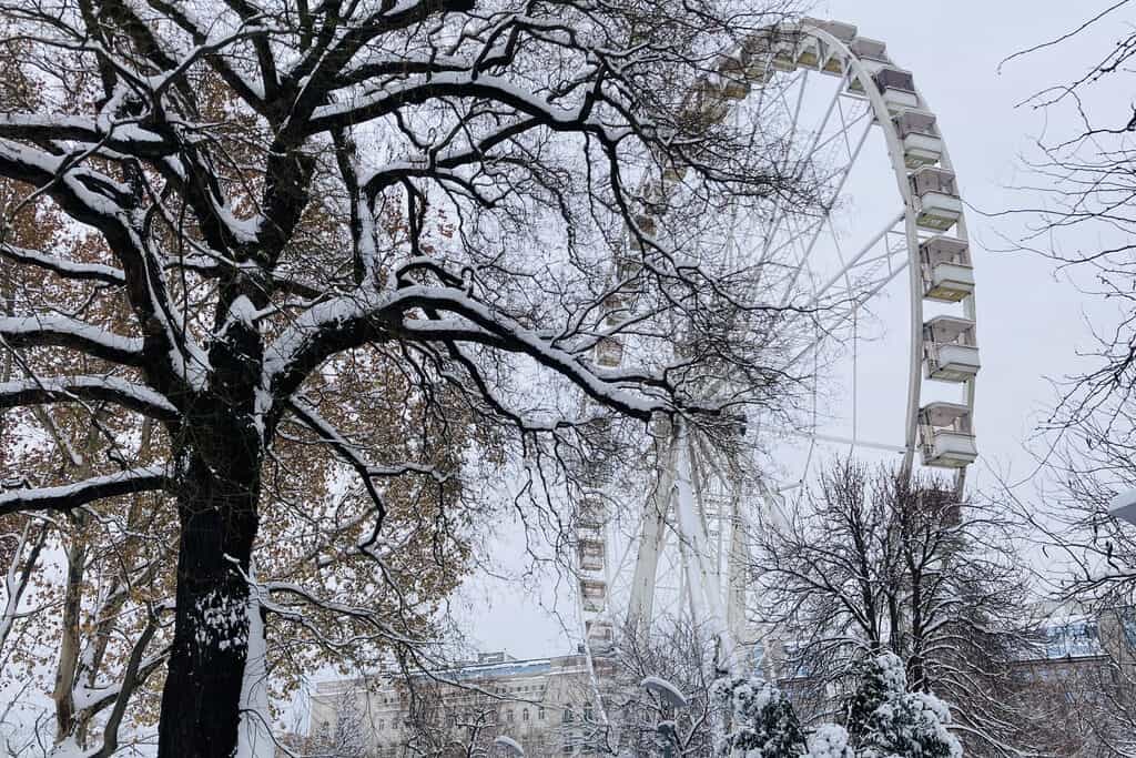 The Ferris Wheel in snow in Budapest, Hungary.