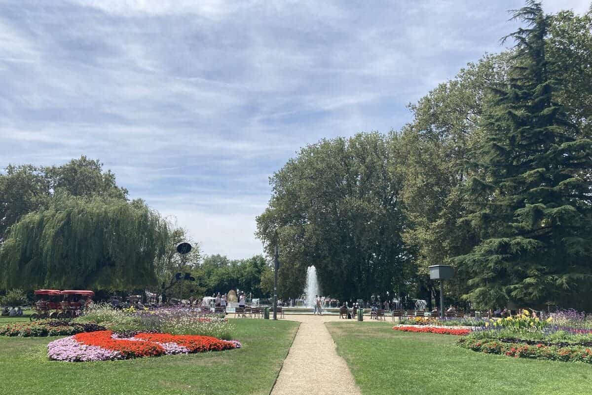 Flowers and a fountain at the Margaret Island in Budapest, Hungary.
